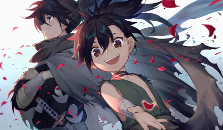 HD wallpaper featuring Dororo and Hyakkimaru from the anime Dororo. The characters are dynamic, with Hyakkimaru looking serious and Dororo cheerful, surrounded by fluttering petals.