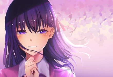 HD anime desktop wallpaper featuring Sakura Matou from Fate/Grand Order, with soft pink cherry blossoms in the background.