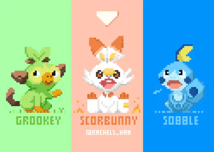 Pixel art of Pokémon Sword and Shield starters Grookey, Scorbunny, and Sobble in vibrant 4K Ultra HD wallpaper style for PC desktop background.