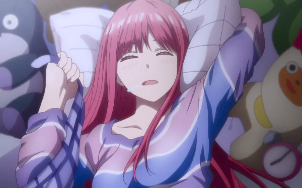 HD desktop wallpaper featuring a character from The Quintessential Quintuplets anime, with pink hair, lying in bed with a content expression, surrounded by plush toys.