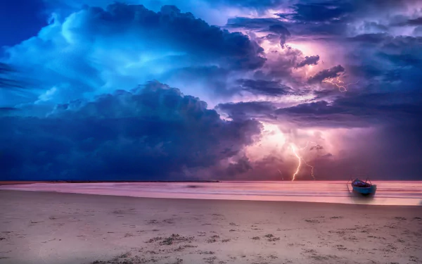 A boat rests on a beach under a stormy sky with vibrant lightning, captured in stunning 4K Ultra HD photography for a dramatic PC desktop wallpaper.