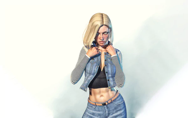 Android 18 (Dragon Ball) from Dragon Ball Super — anime HD PC desktop wallpaper: standing in denim jacket and jeans, hands at collar, exposed midriff and confident gaze.