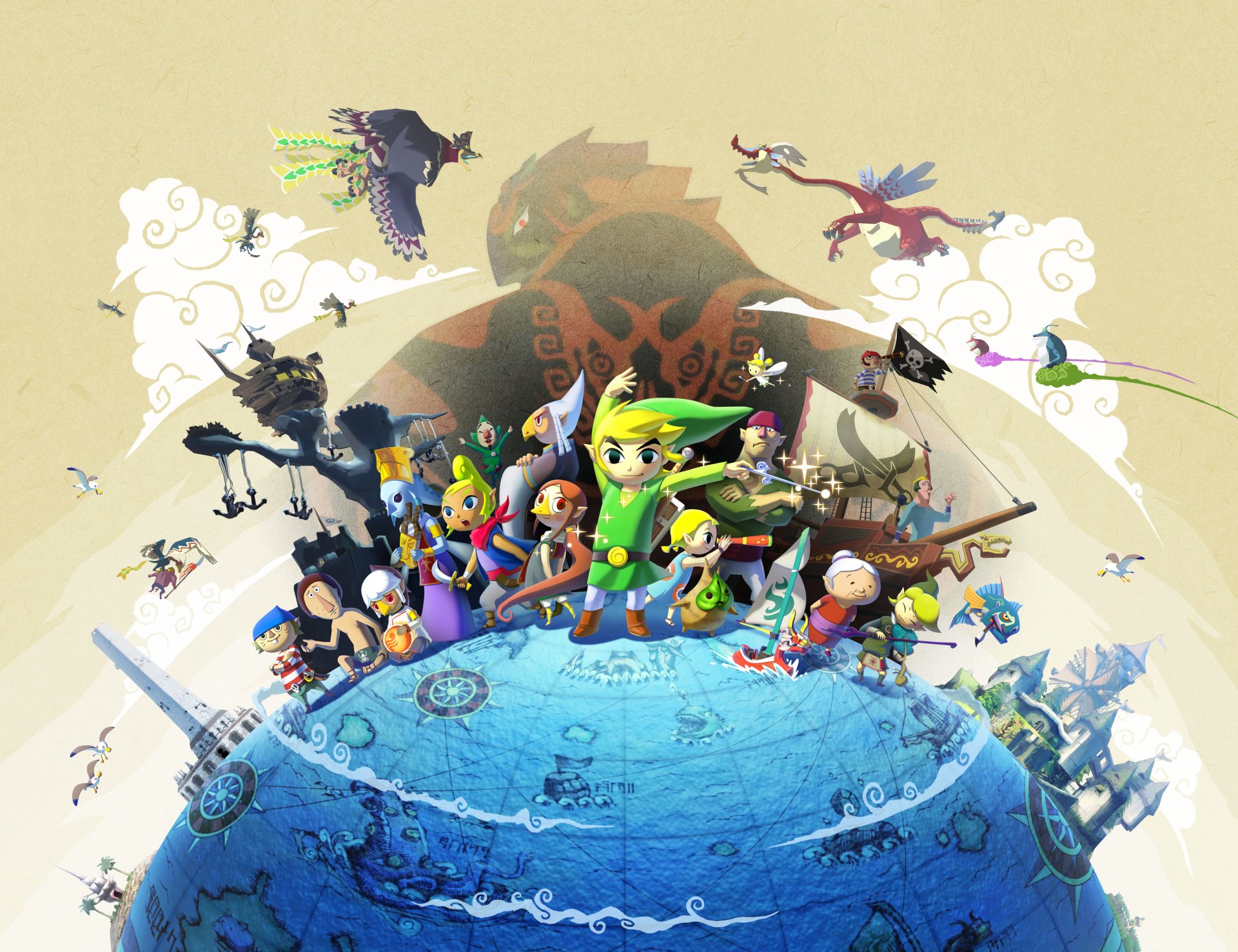 4K Ultra HD PC desktop wallpaper/background of Link and the cast from the video game The Legend of Zelda: The Wind Waker HD, standing on a tiny ocean globe with ships and flying creatures.