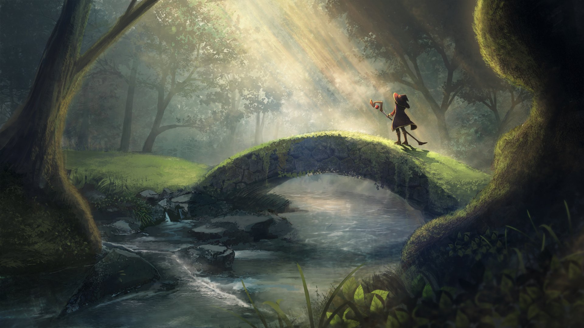HD desktop wallpaper featuring Megumin from the anime KonoSuba - God's Blessing on This Wonderful World!! standing on a mossy stone bridge in a serene forest, bathed in sunlight.