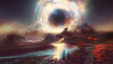 HD Sci-Fi wallpaper featuring two astronauts standing before a surreal, otherworldly landscape with a massive, swirling energy vortex in the sky.