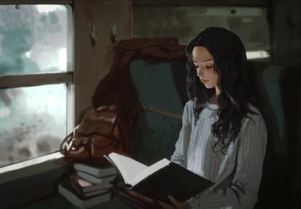 HD anime-style original wallpaper depicting a girl with long dark hair reading a book in a dimly lit room by a window, creating a calm and introspective atmosphere.