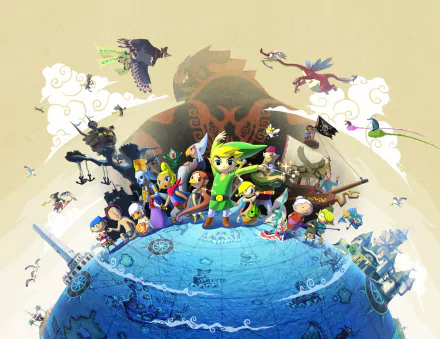 4K Ultra HD PC desktop wallpaper/background of Link and the cast from the video game The Legend of Zelda: The Wind Waker HD, standing on a tiny ocean globe with ships and flying creatures.