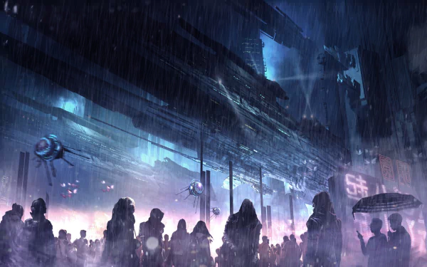 Futuristic sci-fi cityscape under rain with towering buildings, flying drones, and silhouetted people, rendered in HD for PC desktop wallpaper.