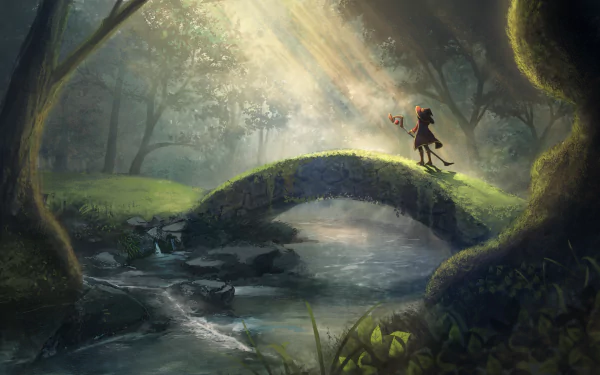HD desktop wallpaper featuring Megumin from the anime KonoSuba - God's Blessing on This Wonderful World!! standing on a mossy stone bridge in a serene forest, bathed in sunlight.