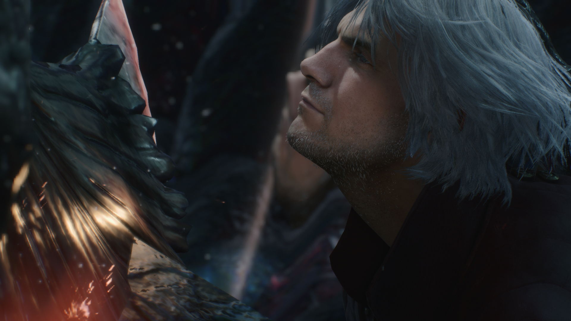 HD PC desktop wallpaper featuring Dante from the video game Devil May Cry 5 in a dramatic close-up scene.