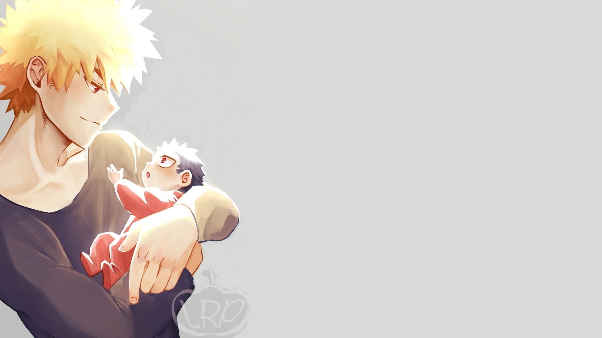 HD anime wallpaper featuring Katsuki Bakugou from My Hero Academia holding a baby, set against a soft, light background for PC desktop use.