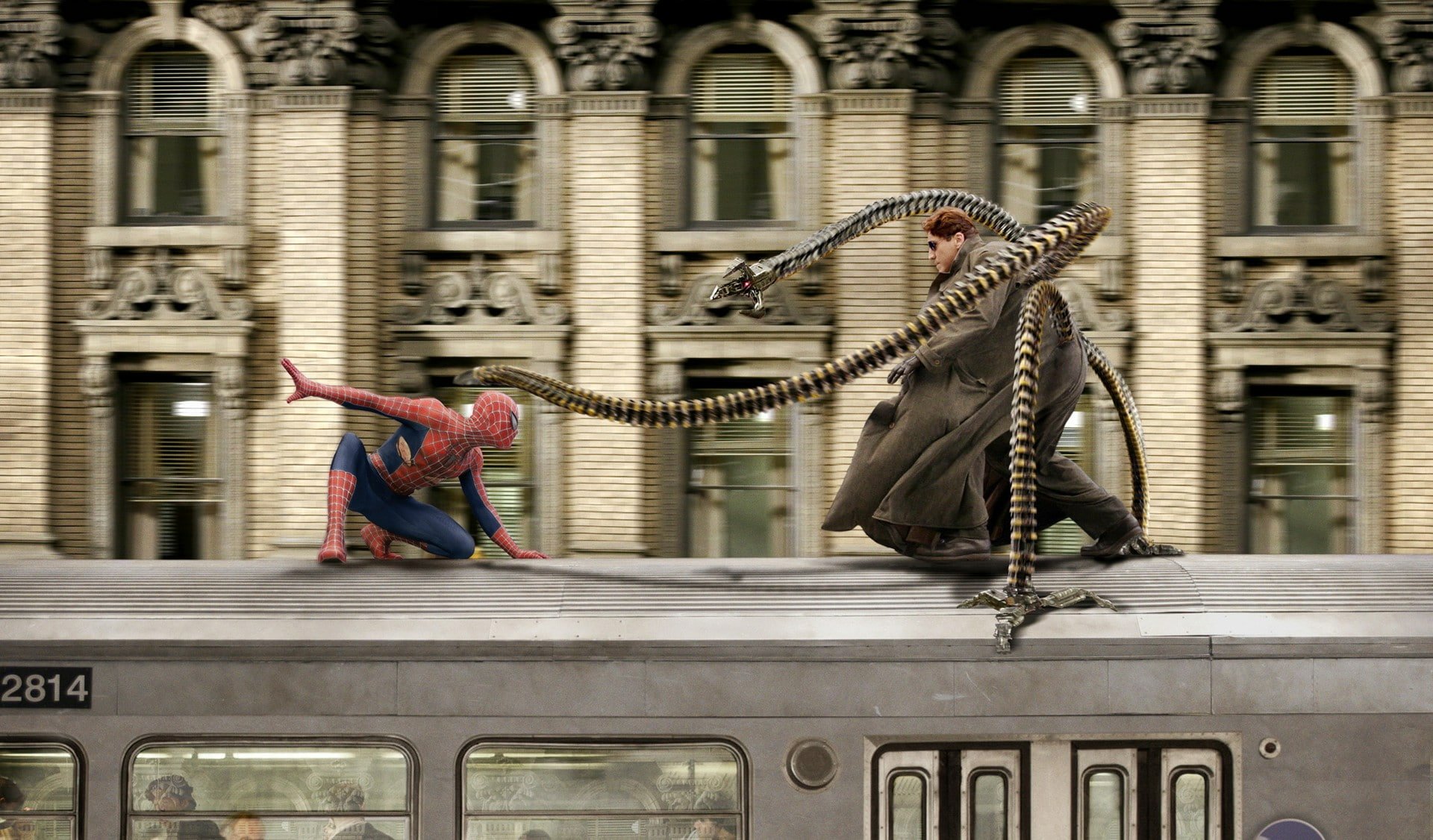 HD desktop wallpaper featuring Doctor Octopus and Spider-Man facing off on a train rooftop, inspired by the Spider-Man 2 movie.