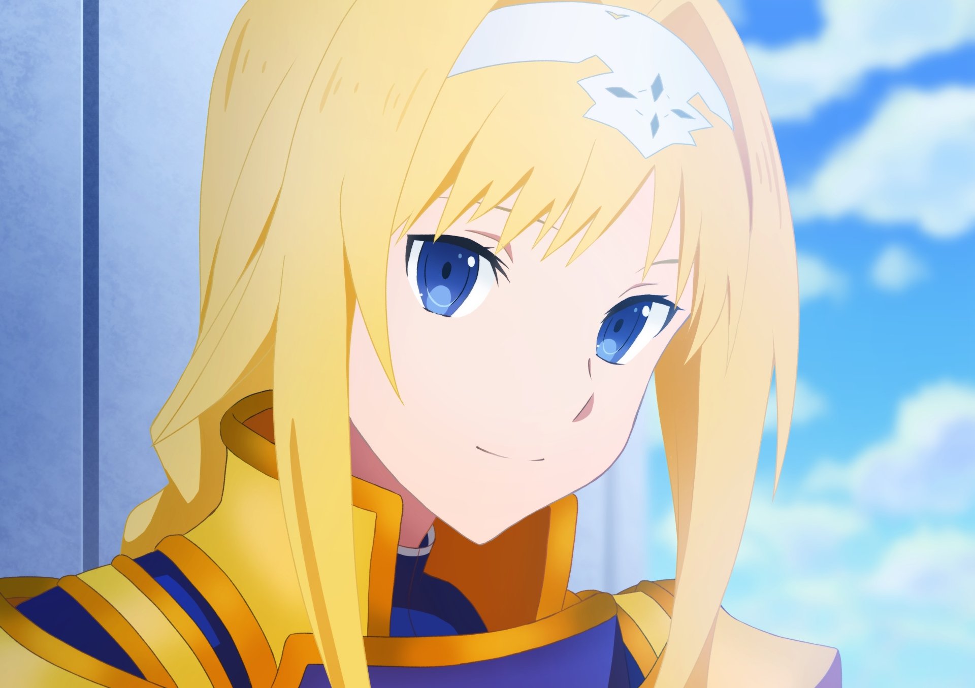 Close-up of Alice Zuberg with blonde hair and blue eyes from Sword Art Online: Alicization in a 4K Ultra HD anime-style PC desktop wallpaper.