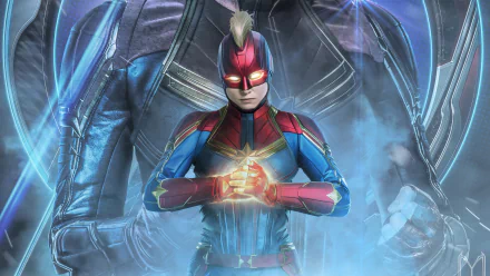 HD desktop wallpaper featuring Captain Marvel from the movie Avengers: Endgame, portraying the superhero in glowing armor with a determined expression.
