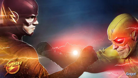HD PC desktop wallpaper from The Flash (2014) TV show: Flash and Reverse-Flash clash, forearms locked as red and yellow lightning crackles between them.