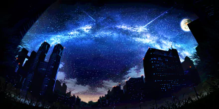 HD desktop wallpaper featuring an anime-style night cityscape with silhouetted buildings, a dazzling star-filled sky, and a bright moon.