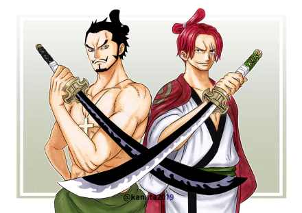 HD anime desktop wallpaper featuring Dracule Mihawk with black hair and a katana crossed with Shanks with red hair, both from One Piece.