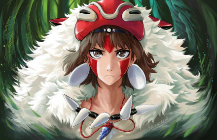 Princess Mononoke anime HD PC desktop wallpaper: fierce young woman with red face paint, wolf-fur headdress and bone necklace amid a lush green forest backdrop.