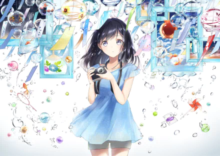 Anime-style female photographer surrounded by floating colorful abstract elements in an HD desktop wallpaper and background.