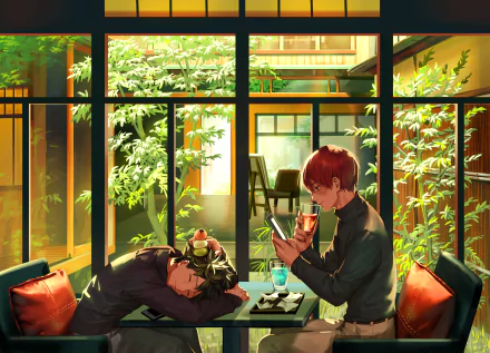 HD desktop wallpaper of Shoto Todoroki and Izuku Midoriya from My Hero Academia. Shoto reads a book while Izuku naps with dessert on a sunny veranda, surrounded by lush greenery.