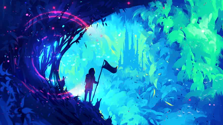 HD anime desktop wallpaper featuring an original scene of a silhouetted figure holding a flag, standing in a vibrant, leafy forest with glowing lights and a mystical ambiance.