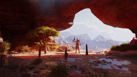 HD PC desktop wallpaper featuring Bayek of Siwa from the video game Assassin's Creed Origins, standing in a sunlit cave entrance overlooking a desert landscape.