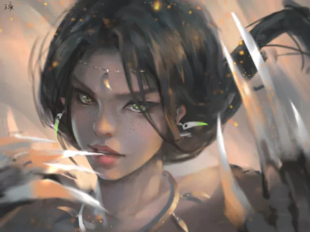 HD PC desktop wallpaper featuring a detailed comic-style portrait of a fierce female character from GhostBlade, with intense eyes and dynamic lighting effects.
