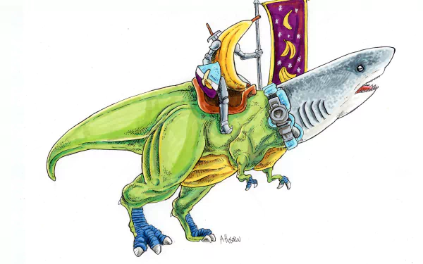 2K Quad HD PC desktop wallpaper and background: funny sketch of a shark-headed T‑rex in boots ridden by an anthropomorphic banana waving a banana-emblazoned banner.