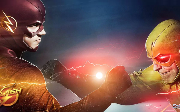 HD PC desktop wallpaper from The Flash (2014) TV show: Flash and Reverse-Flash clash, forearms locked as red and yellow lightning crackles between them.