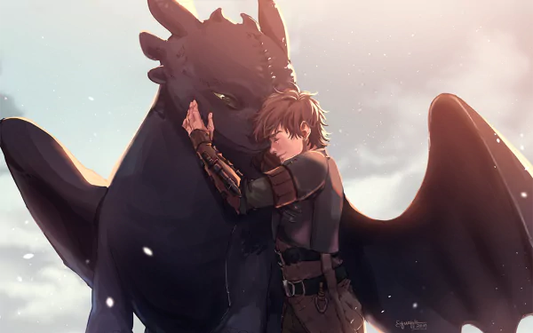 Hiccup and Toothless share a heartfelt moment in this HD wallpaper from How to Train Your Dragon: The Hidden World, set against a tranquil backdrop.