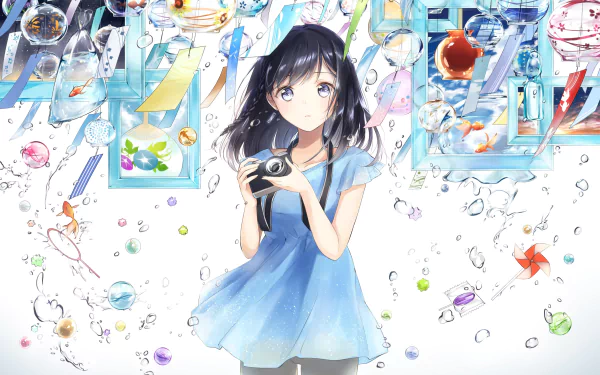 Anime-style female photographer surrounded by floating colorful abstract elements in an HD desktop wallpaper and background.