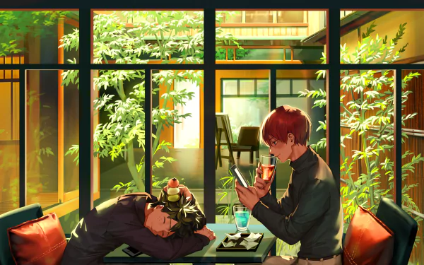 HD desktop wallpaper of Shoto Todoroki and Izuku Midoriya from My Hero Academia. Shoto reads a book while Izuku naps with dessert on a sunny veranda, surrounded by lush greenery.