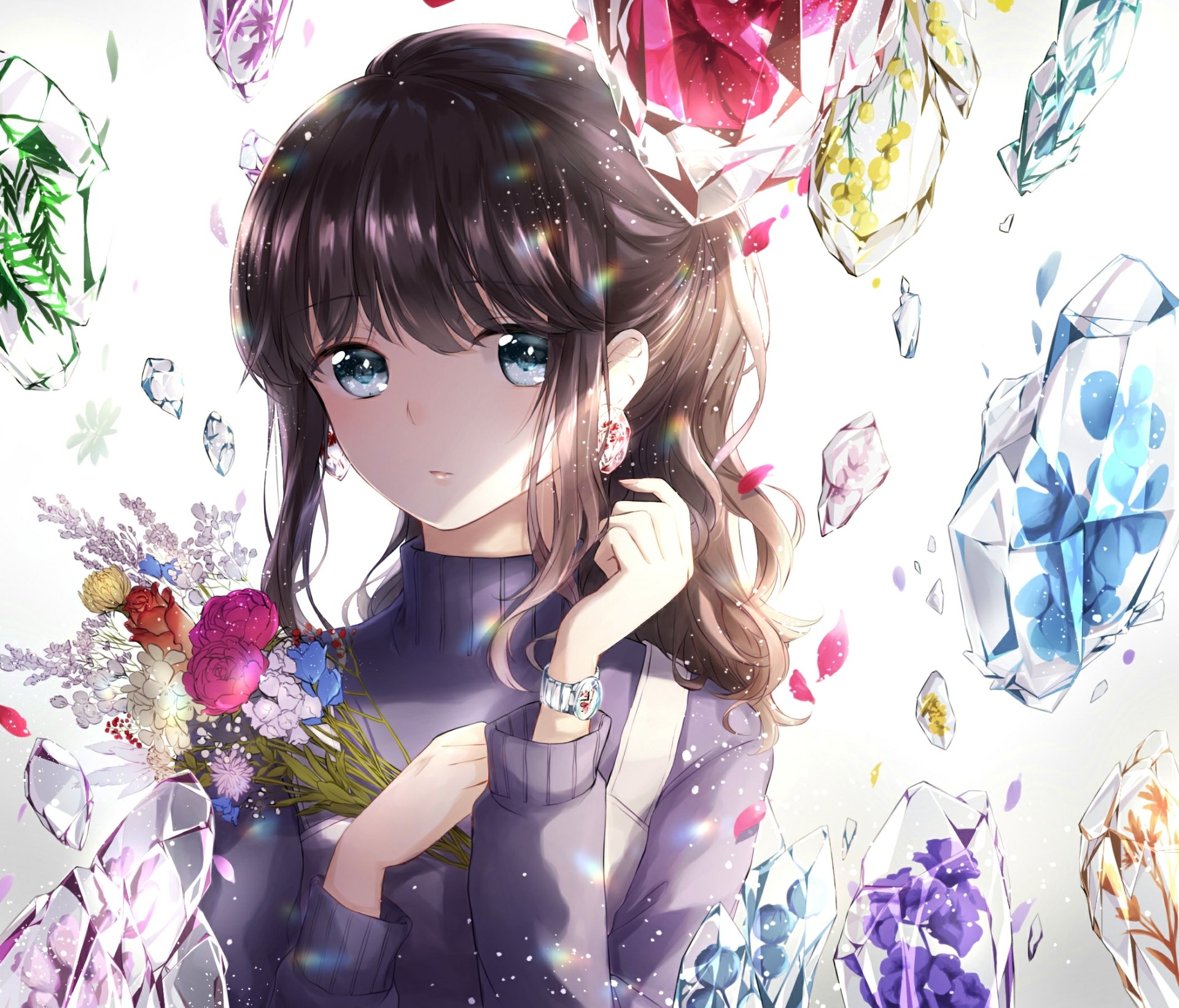 Anime character with long brown hair and blue eyes, holding a bouquet of flowers, wearing earrings, surrounded by floating gems. HD desktop wallpaper and background.