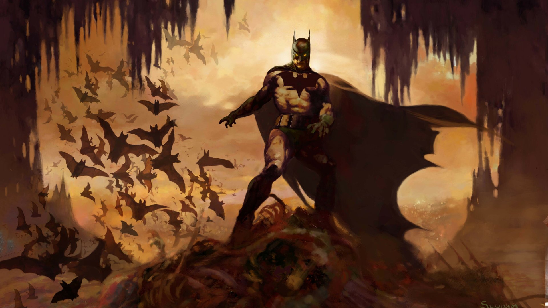 Epic 4K Ultra HD PC desktop wallpaper of Batman (DC Comics) standing on a rocky outcrop amid swirling bats and cavernous shadows, dramatic comic-style lighting and a tattered cape.