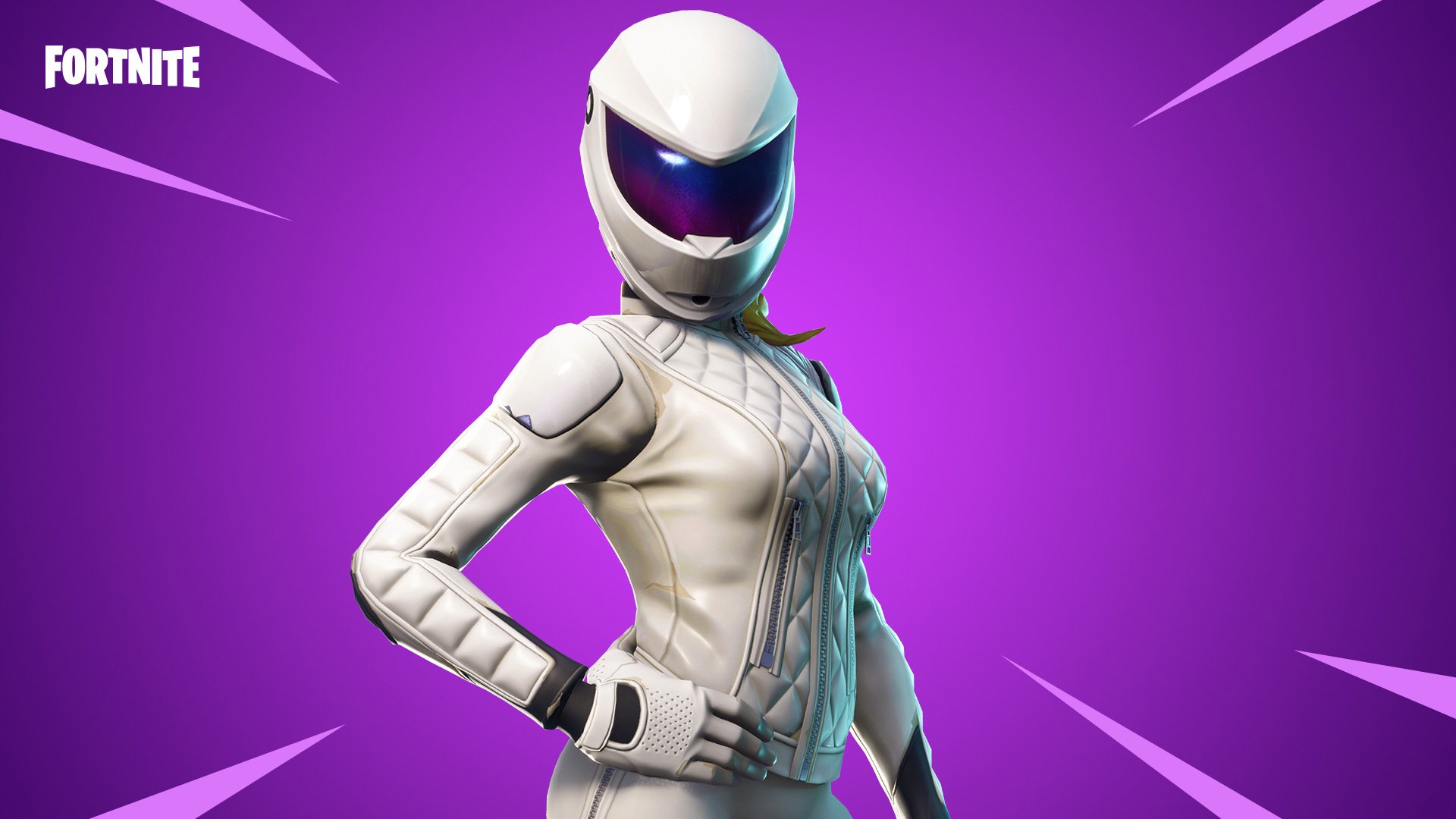 Fortnite video game HD PC desktop wallpaper: a helmeted character in a white futuristic jacket and gloves poses confidently against a vivid purple background.