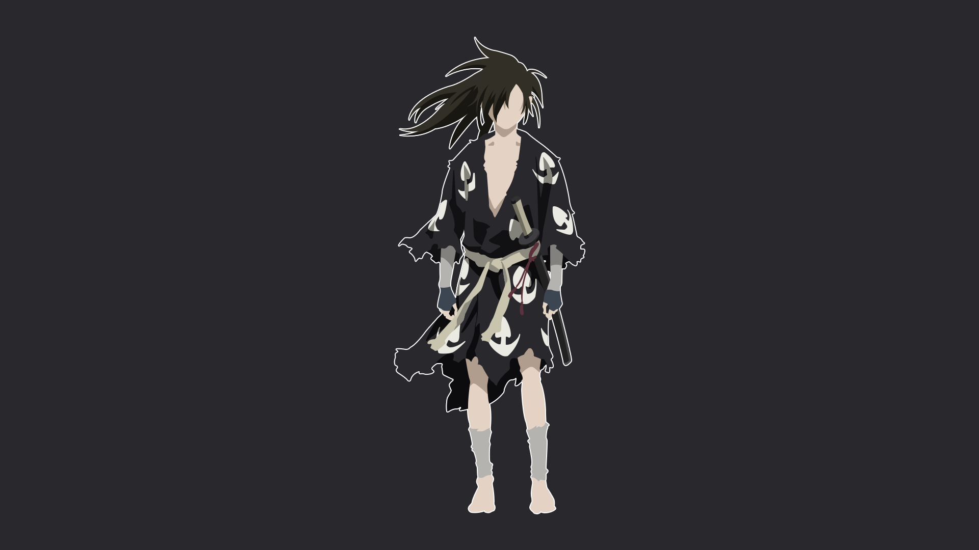 HD PC desktop wallpaper featuring Hyakkimaru from the anime Dororo, depicted in his traditional black outfit against a dark background.