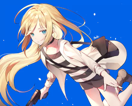 HD anime desktop wallpaper featuring Rachel Gardner from Angels of Death, with long blonde hair and a striped outfit against a vibrant blue background.