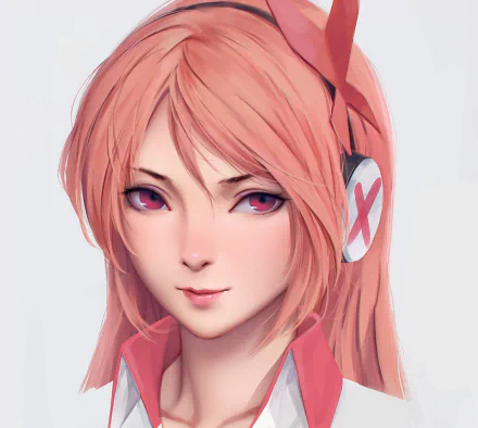 HD anime desktop wallpaper featuring Chelsea from Akame ga Kill! with pink hair, red eyes, and white headphones marked with a red X.