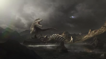 HD desktop wallpaper depicting a fierce Tyrannosaurus Rex roaring in a dark, stormy prehistoric landscape with dinosaur skeleton remains nearby.