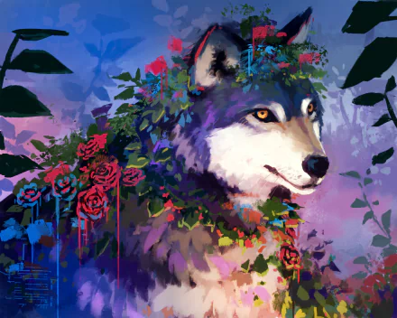 HD desktop wallpaper painting of a dog adorned with vibrant roses and foliage, blending natural beauty with artistic expression.