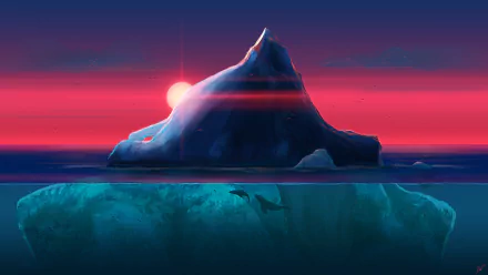 HD desktop wallpaper showcasing a majestic iceberg at sunset with vibrant pink and purple skies, highlighting the underwater marine life beneath the icy surface.