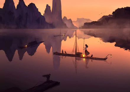 Anime-style HD wallpaper featuring a tranquil lake and towering mountains, with serene boats reflecting on the calm water at sunset.