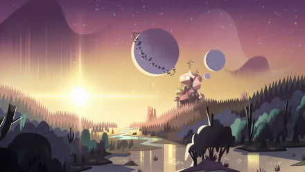 HD desktop wallpaper of Butterfly Castle by a river in Mewni from the TV show Star vs. the Forces of Evil, featuring a vibrant sunset and celestial bodies in the sky.