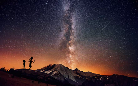 HD desktop wallpaper featuring Rick Sanchez and Morty Smith silhouetted against a stunning starry landscape with the Milky Way, inspired by the TV show Rick and Morty.
