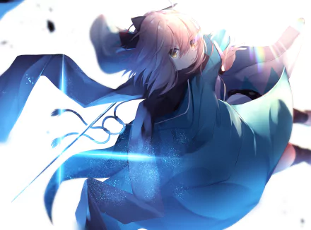 HD anime desktop wallpaper featuring Okita Sōji from Fate/Grand Order with dynamic lighting and a flowing blue outfit in a dramatic pose.