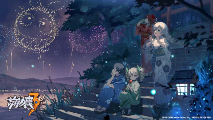 HD desktop wallpaper featuring characters Bronya Zaychik, Raiden Mei, Kiana Kaslana, and Murata Himeko from the video game Honkai Impact 3rd gazing at fireworks on a serene night.