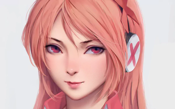 HD anime desktop wallpaper featuring Chelsea from Akame ga Kill! with pink hair, red eyes, and white headphones marked with a red X.