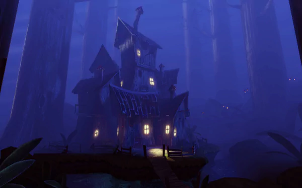 A spooky fantasy house glowing with light in a dark, dense forest at night, rendered in 4K Ultra HD for a PC desktop wallpaper.