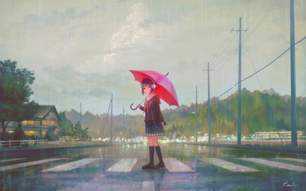 Anime Original Road Rain Umbrella HD Wallpaper | Background Image