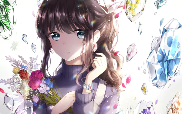 Anime character with long brown hair and blue eyes, holding a bouquet of flowers, wearing earrings, surrounded by floating gems. HD desktop wallpaper and background.